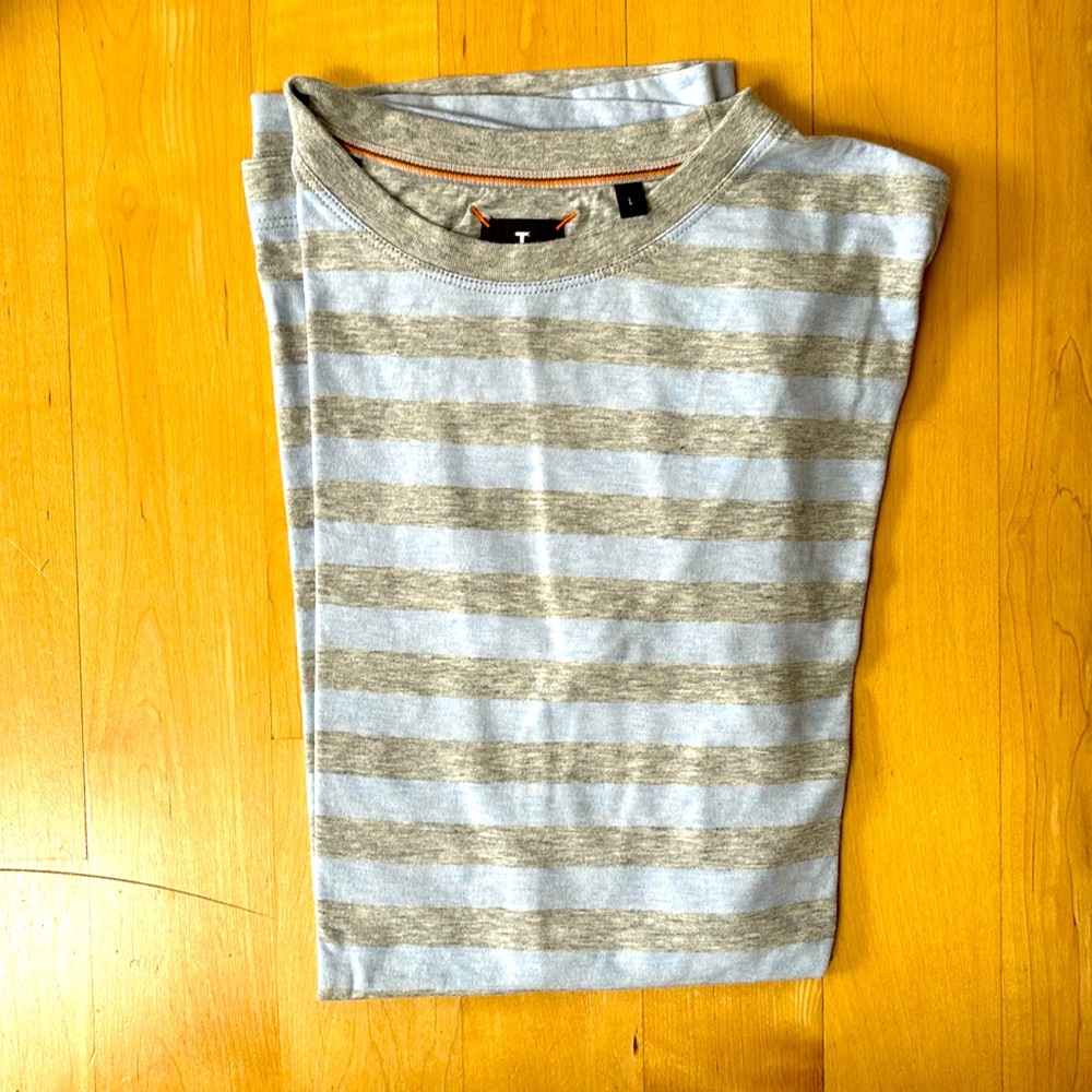 Left Coast Tee light blue/gray crew neck striped ss tee shirt.